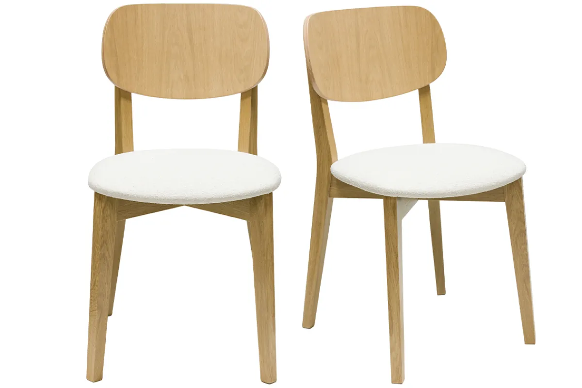 Miliboo Vintage-Stühle aus hellem Holz mit Eichenfurnier und weißem Stoff mit strukturiertem Samteffekt (2er-Set) LUCIA* Design-stühle