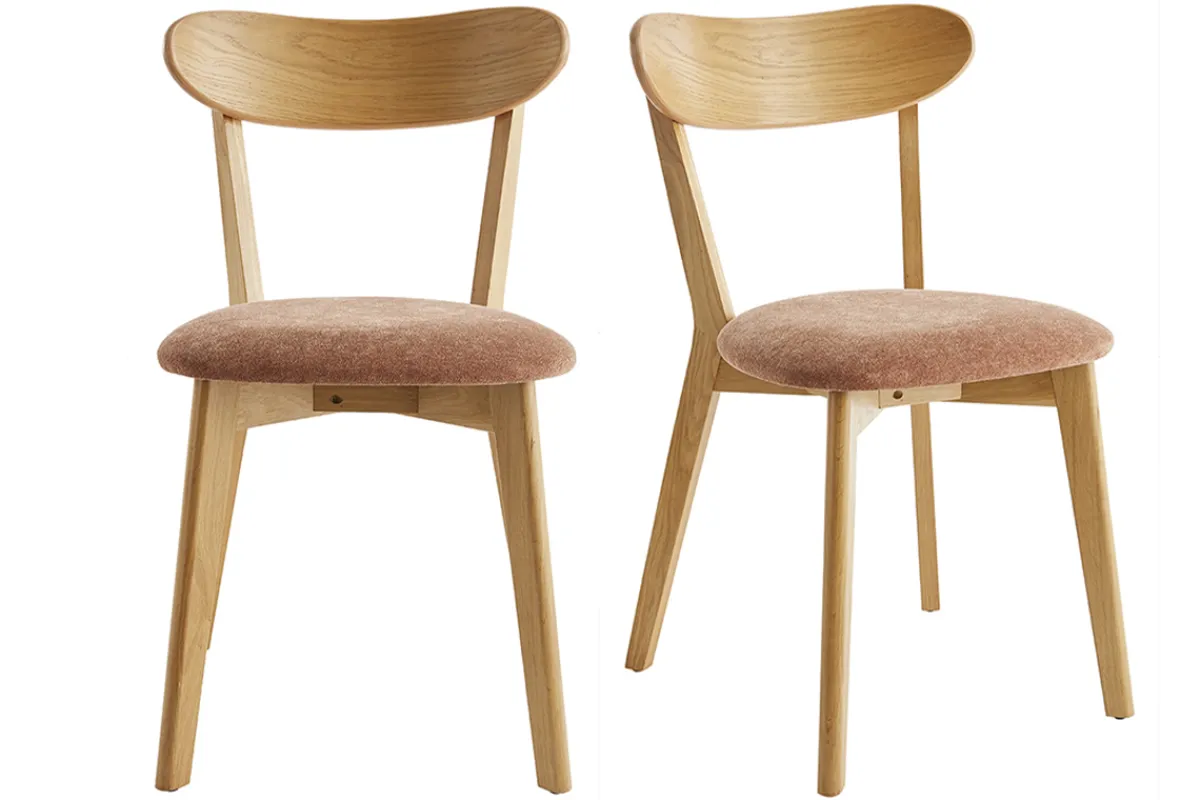 Miliboo Vintage-Stühle aus hellem Holz mit Eichenfurnier und Stoff mit strukturiertem Samteffekt (2er-Set) DOVE* Design-stühle|Holzstühle