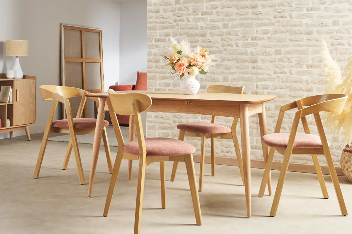Miliboo Vintage-Stühle aus hellem Holz mit Eichenfurnier und Stoff mit strukturiertem Samteffekt (2er-Set) DOVE* Design-stühle|Holzstühle