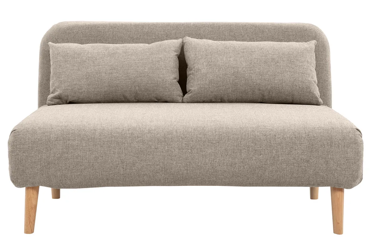 Miliboo Zweisitzer-Schlafsofa aus taupefarbenem Stoff und hellem Holz AMIKO* Schlafsofas|Schlafsessel