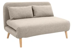 Miliboo Zweisitzer-Schlafsofa aus taupefarbenem Stoff und hellem Holz AMIKO* Schlafsofas|Schlafsessel