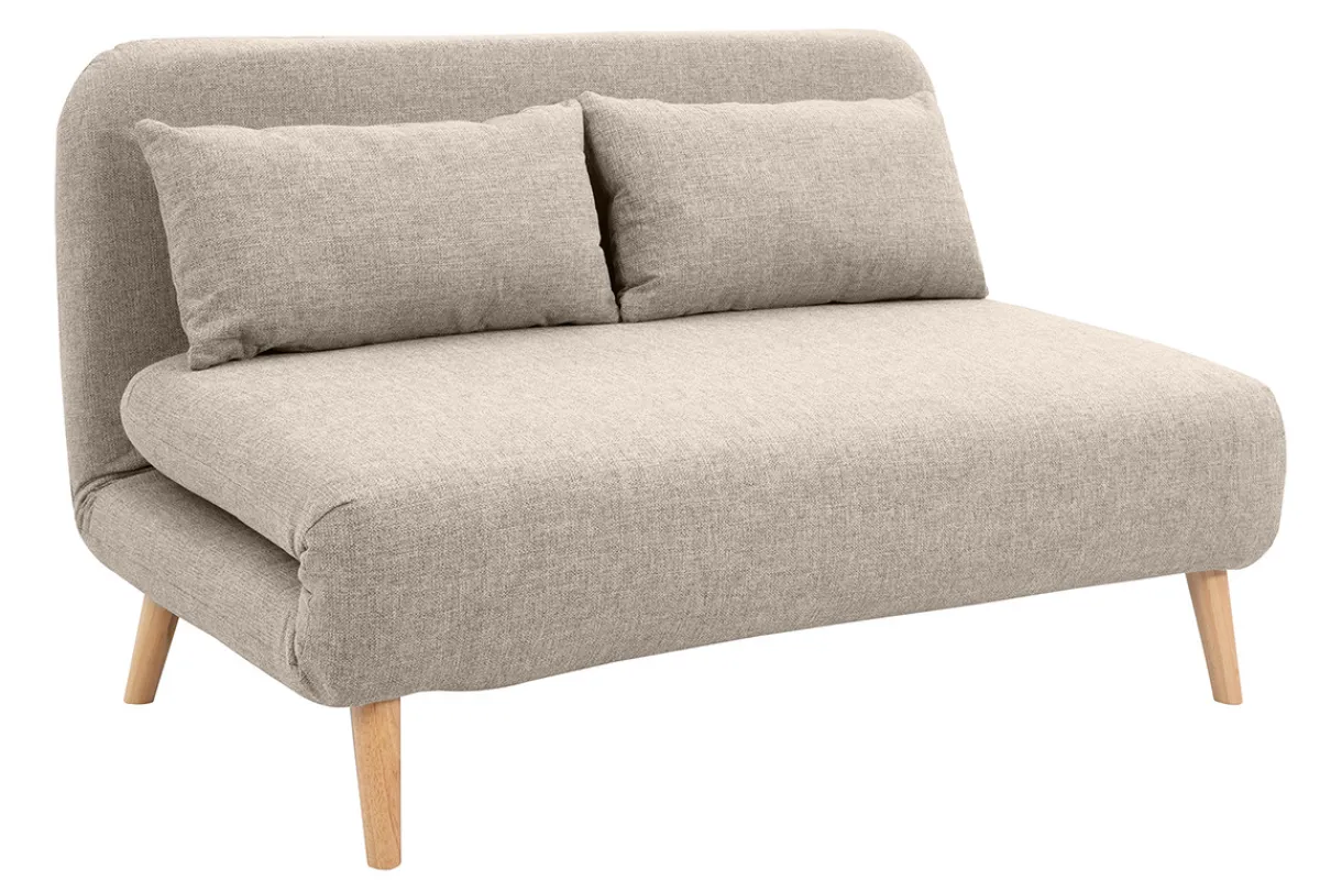 Miliboo Zweisitzer-Schlafsofa aus taupefarbenem Stoff und hellem Holz AMIKO* Schlafsofas|Schlafsessel