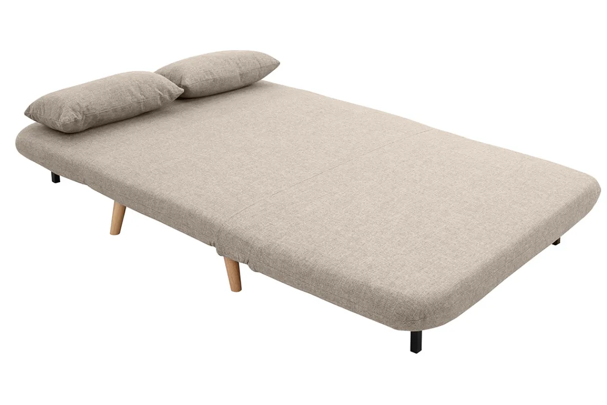 Miliboo Zweisitzer-Schlafsofa aus taupefarbenem Stoff und hellem Holz AMIKO* Schlafsofas|Schlafsessel